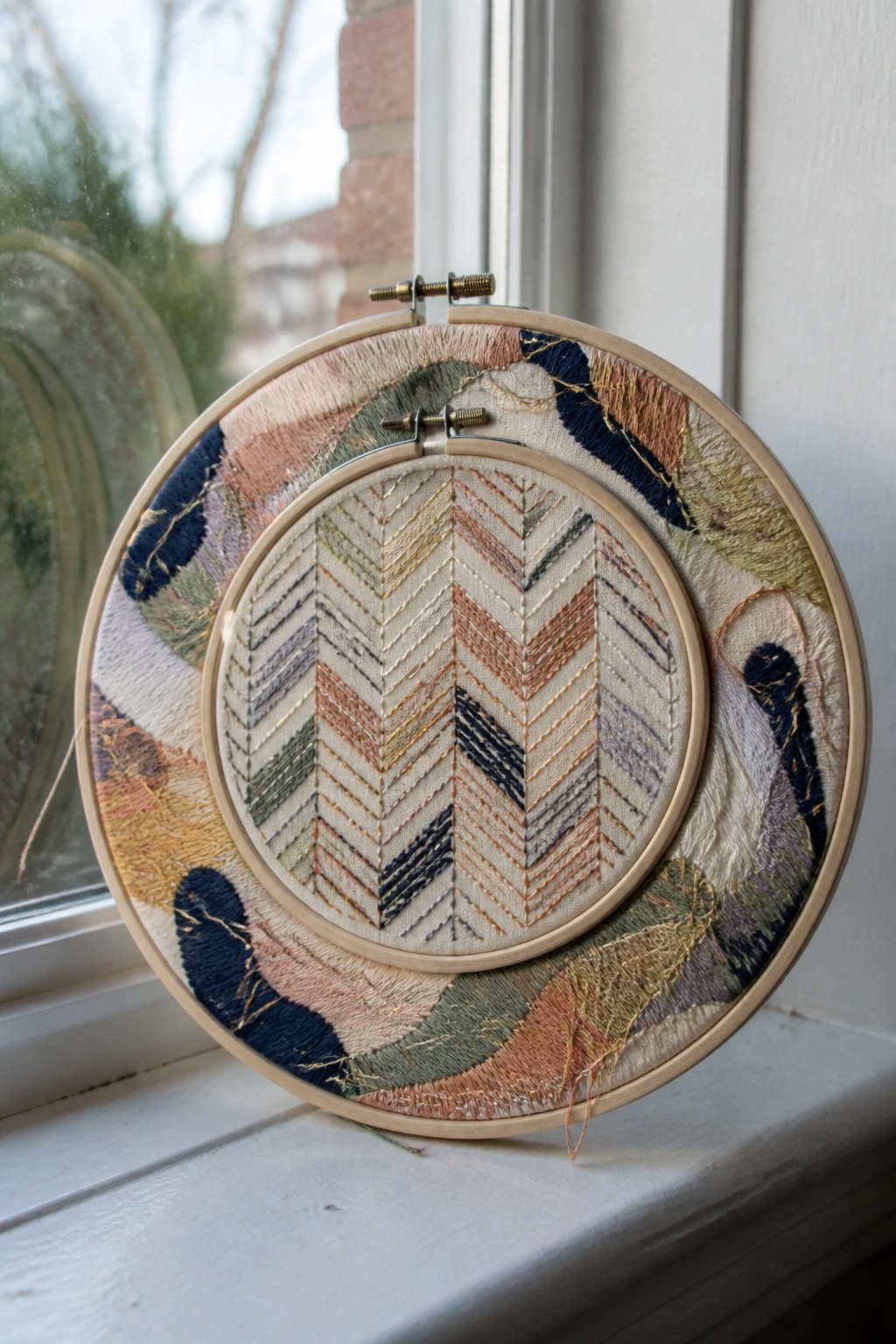 Two nested embroidery hoops with colorful chevron and abstract stitching on a windowsill