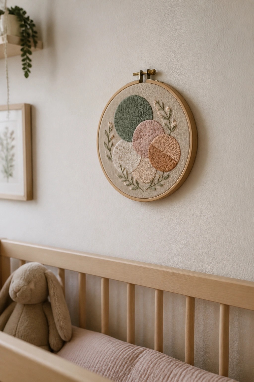 Embroidery hoop with pastel overlapping circles above crib with stuffed bunny