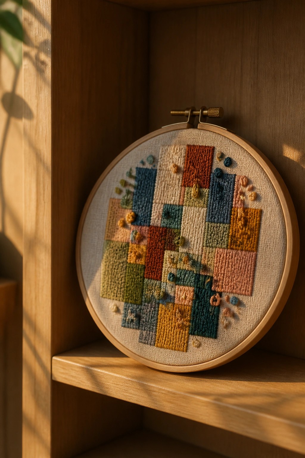 Embroidery hoop with fabric showing a grid of colorful rectangles and scattered small stitches on a wooden shelf.