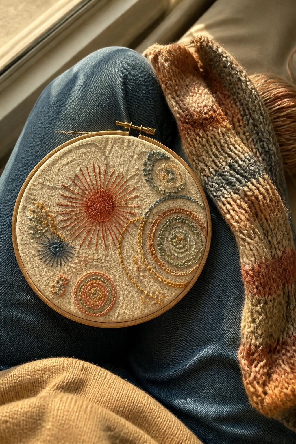 Embroidery hoop with sunburst and spiral stitches on denim lap beside knitted sock