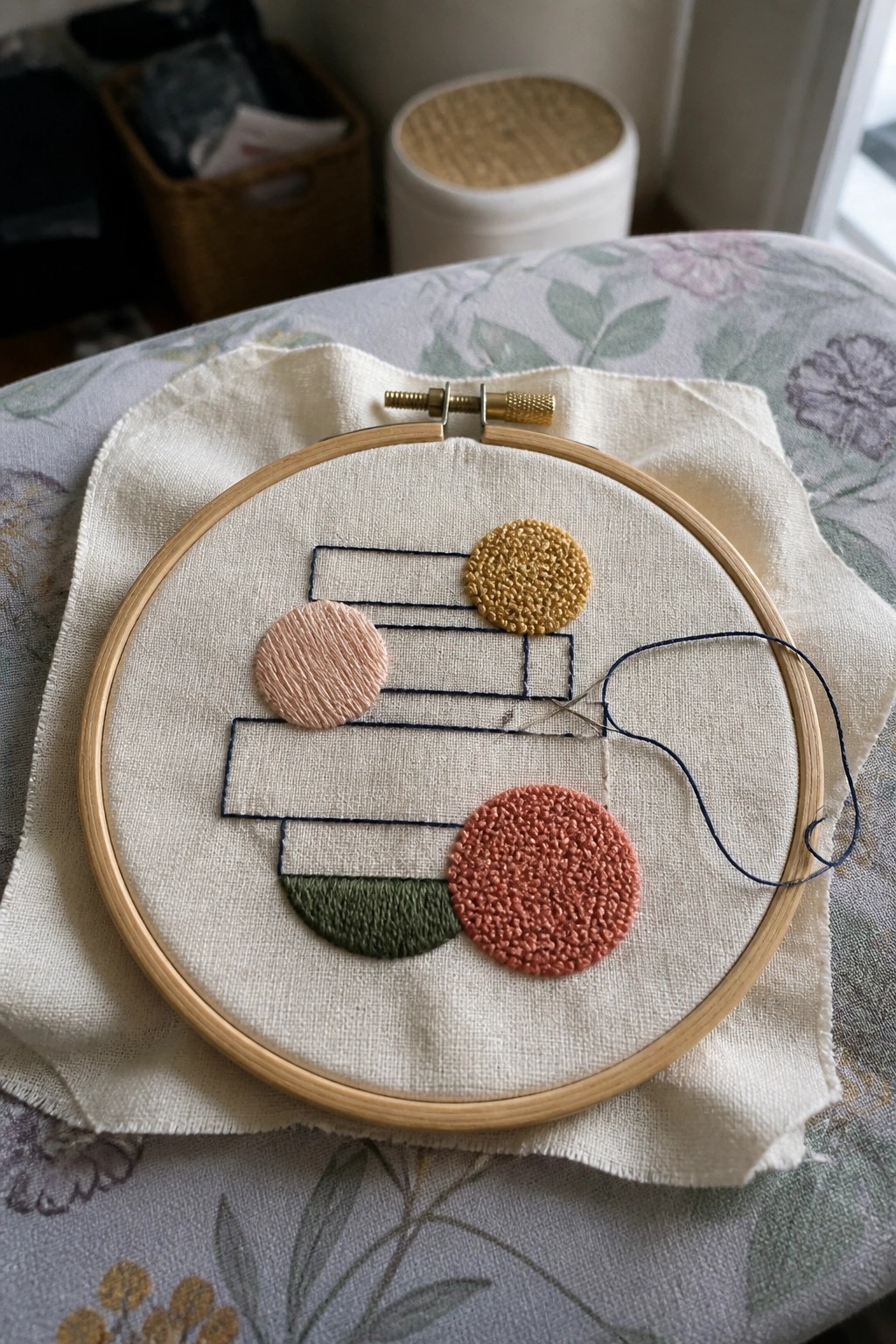 Wooden embroidery hoop with abstract geometric stitches in pink, coral, green, and yellow.