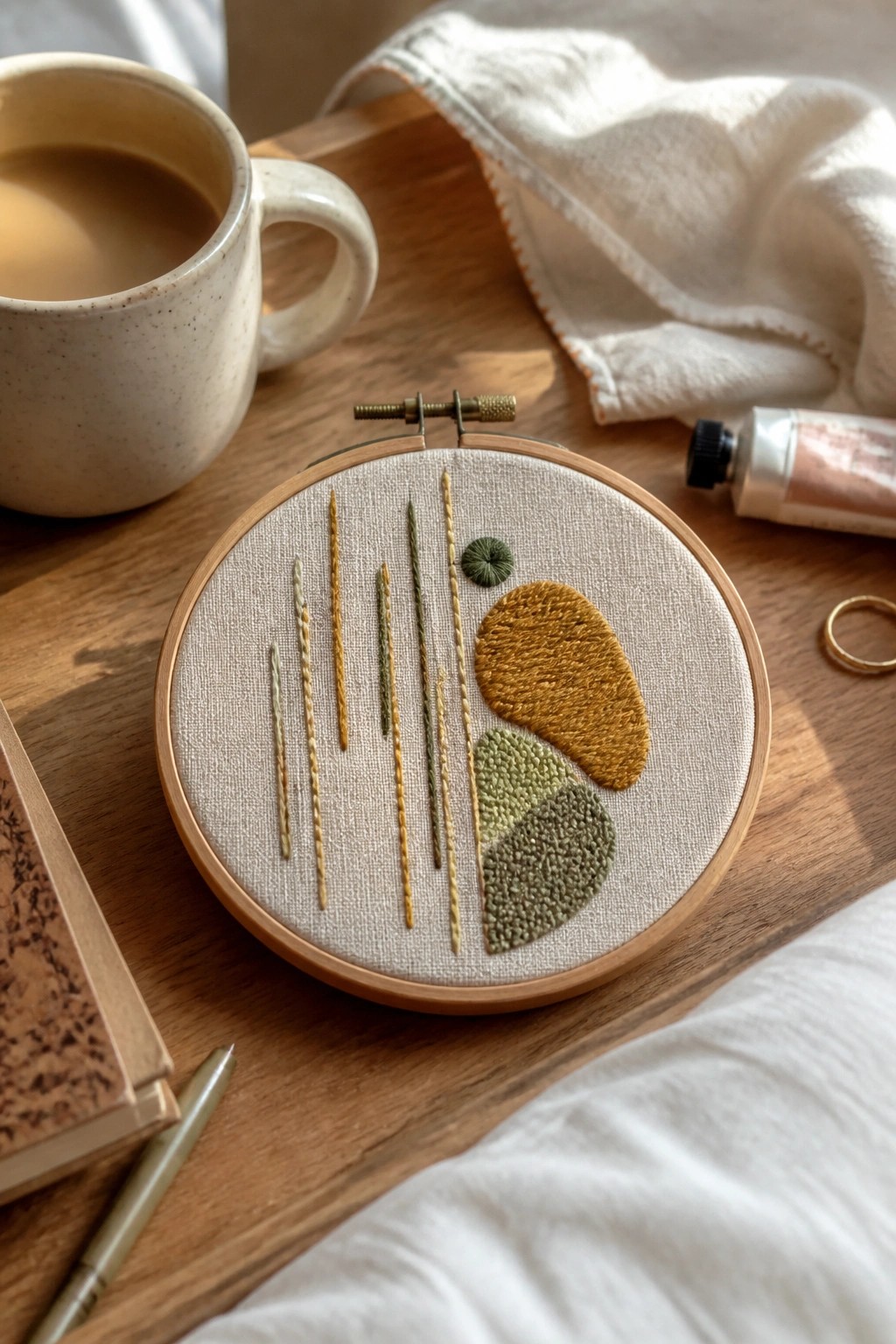 Embroidery hoop with abstract green and yellow shapes beside coffee mug on wood table