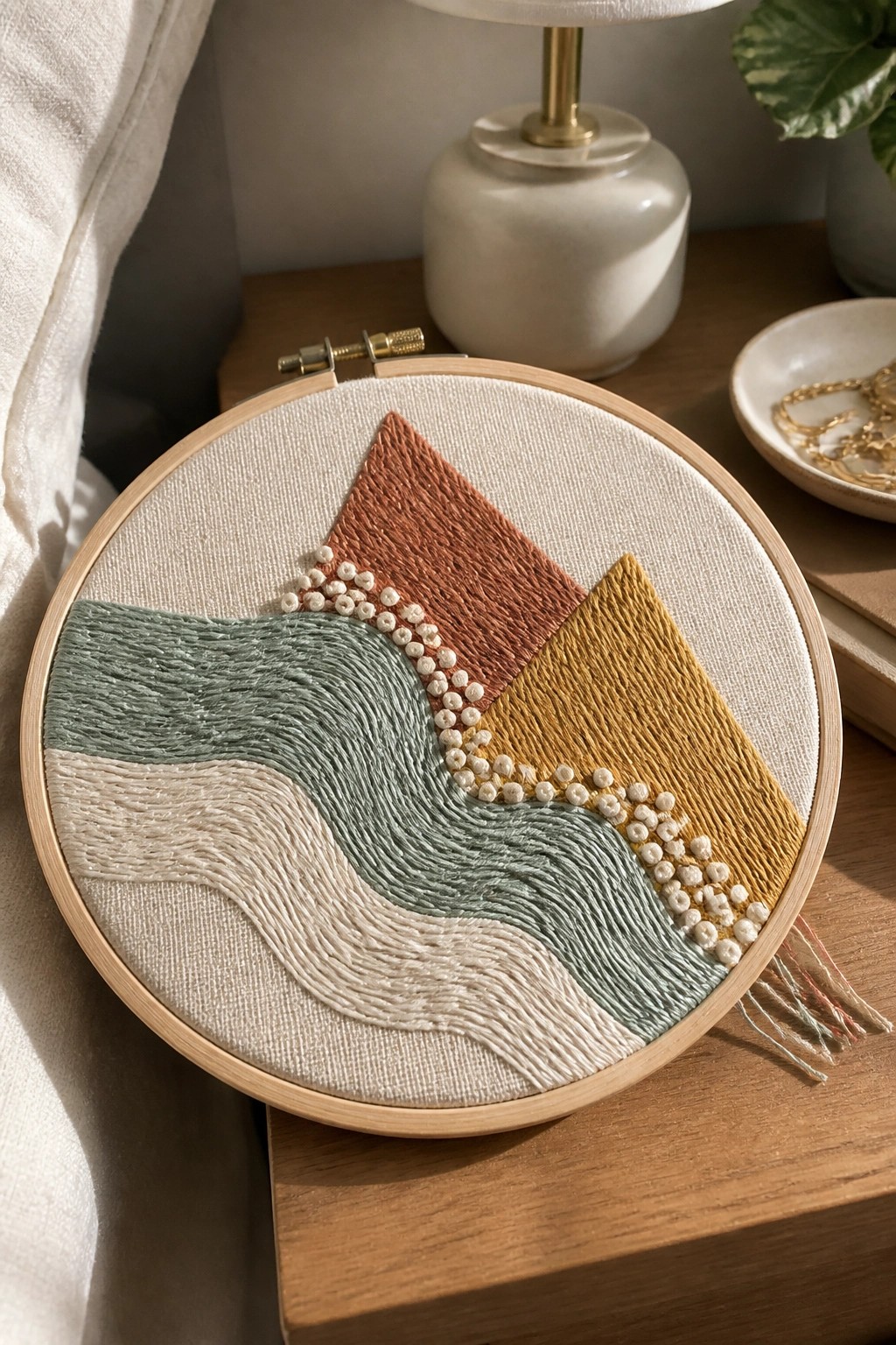 Embroidery hoop with abstract hills in terracotta, gold, sage, and cream with beaded lines