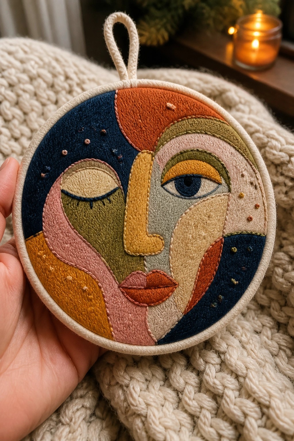 Hand holding colorful embroidered circular abstract face with open blue eye