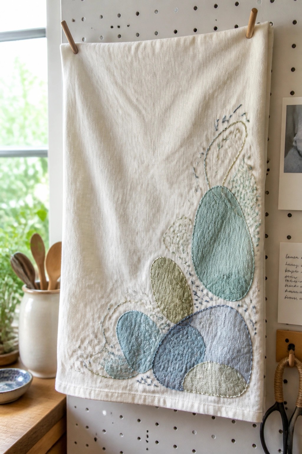 Appliquéd white towel with blue and green abstract shapes on pegboard