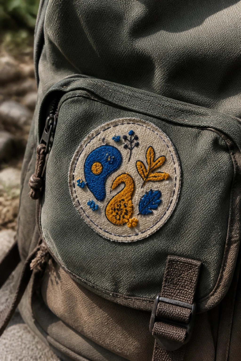 Olive green canvas bag with circular blue and yellow embroidered gourd patch and brown strap.