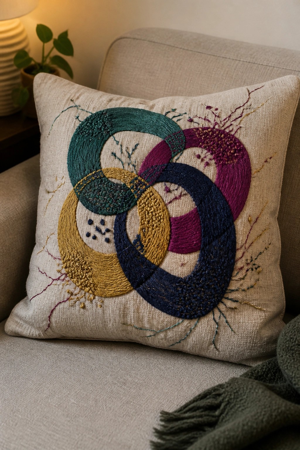 Embroidered beige pillow with overlapping teal, purple, navy, and gold circles on couch
