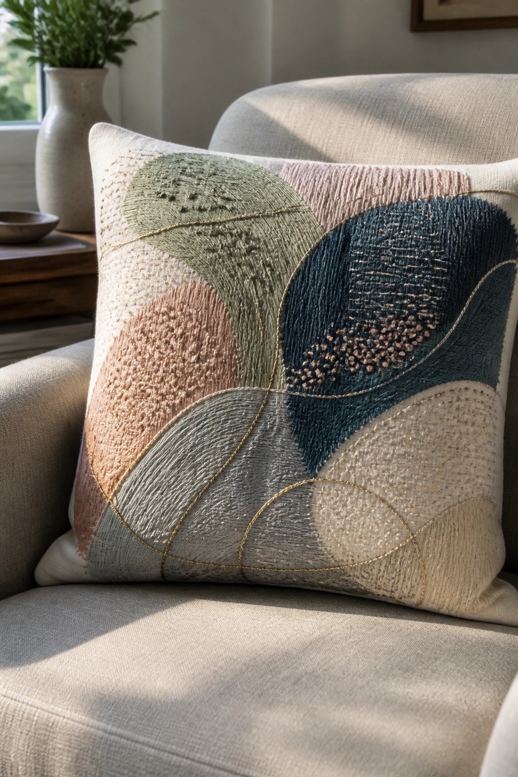 Embroidered abstract pillow in green, pink, and blue on beige armchair