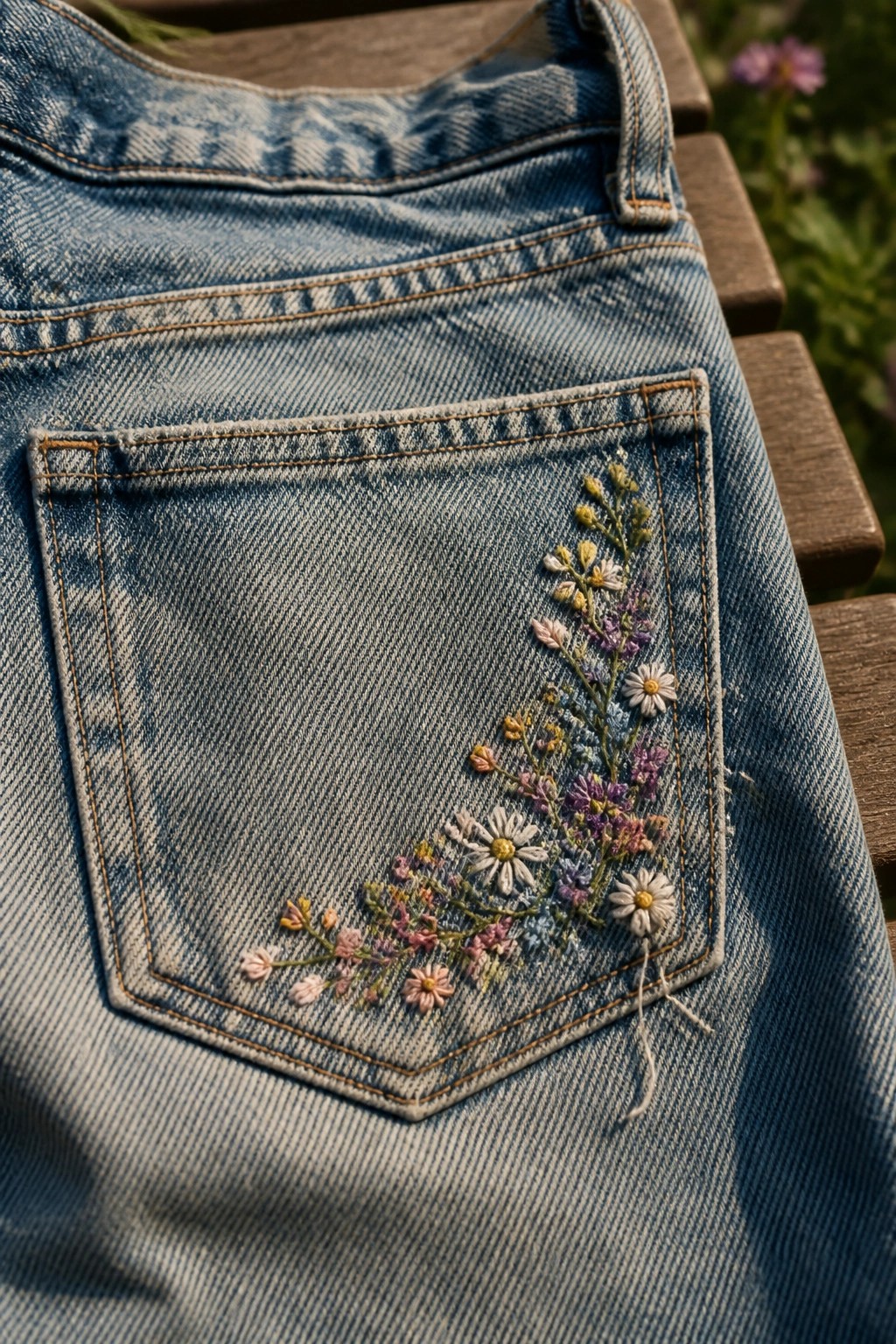 Blue denim jeans back pocket with colorful daisy and wildflower embroidery on wood
