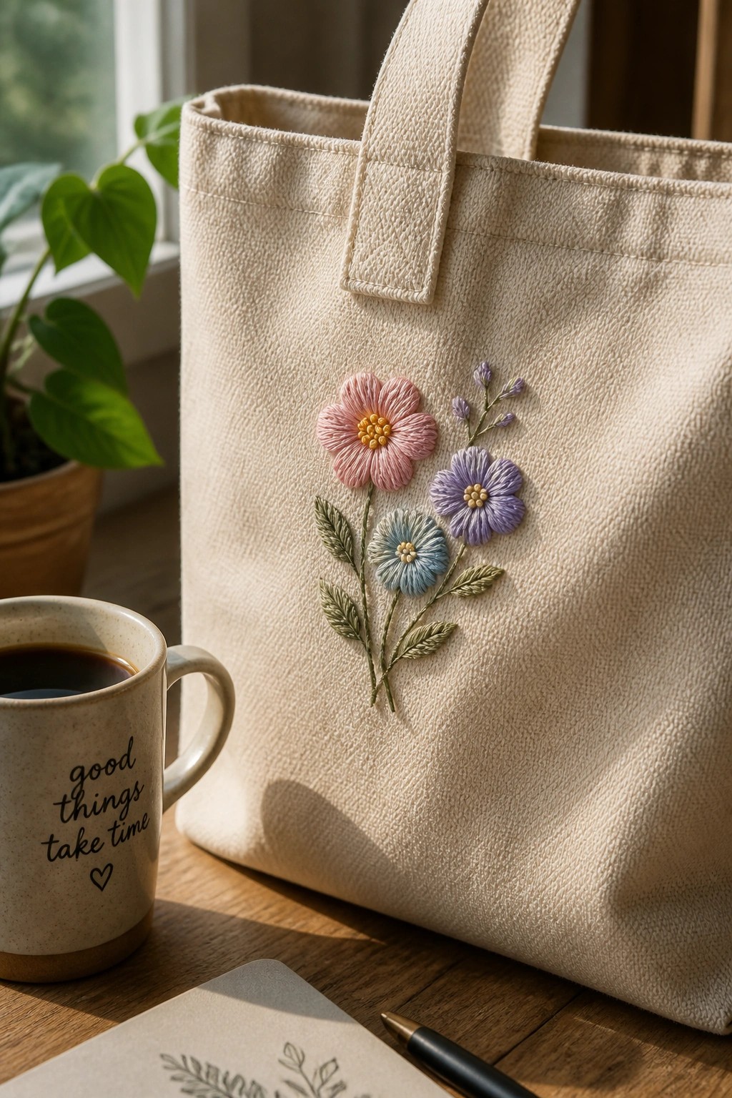 Beige tote bag with pink purple blue flower embroidery beside coffee mug and notebook