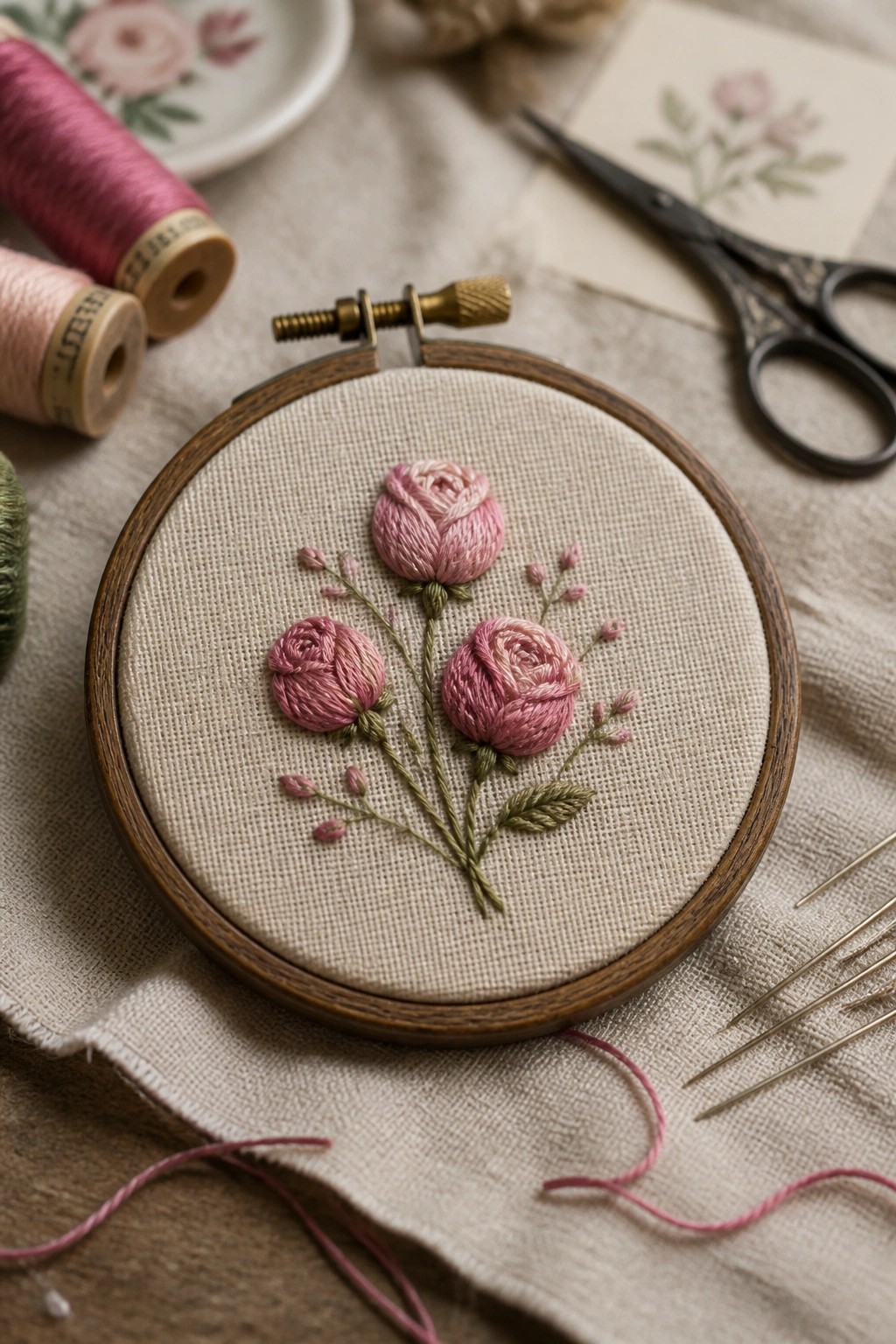 Embroidered pink roses in wooden hoop with thread spools, scissors, and needles.