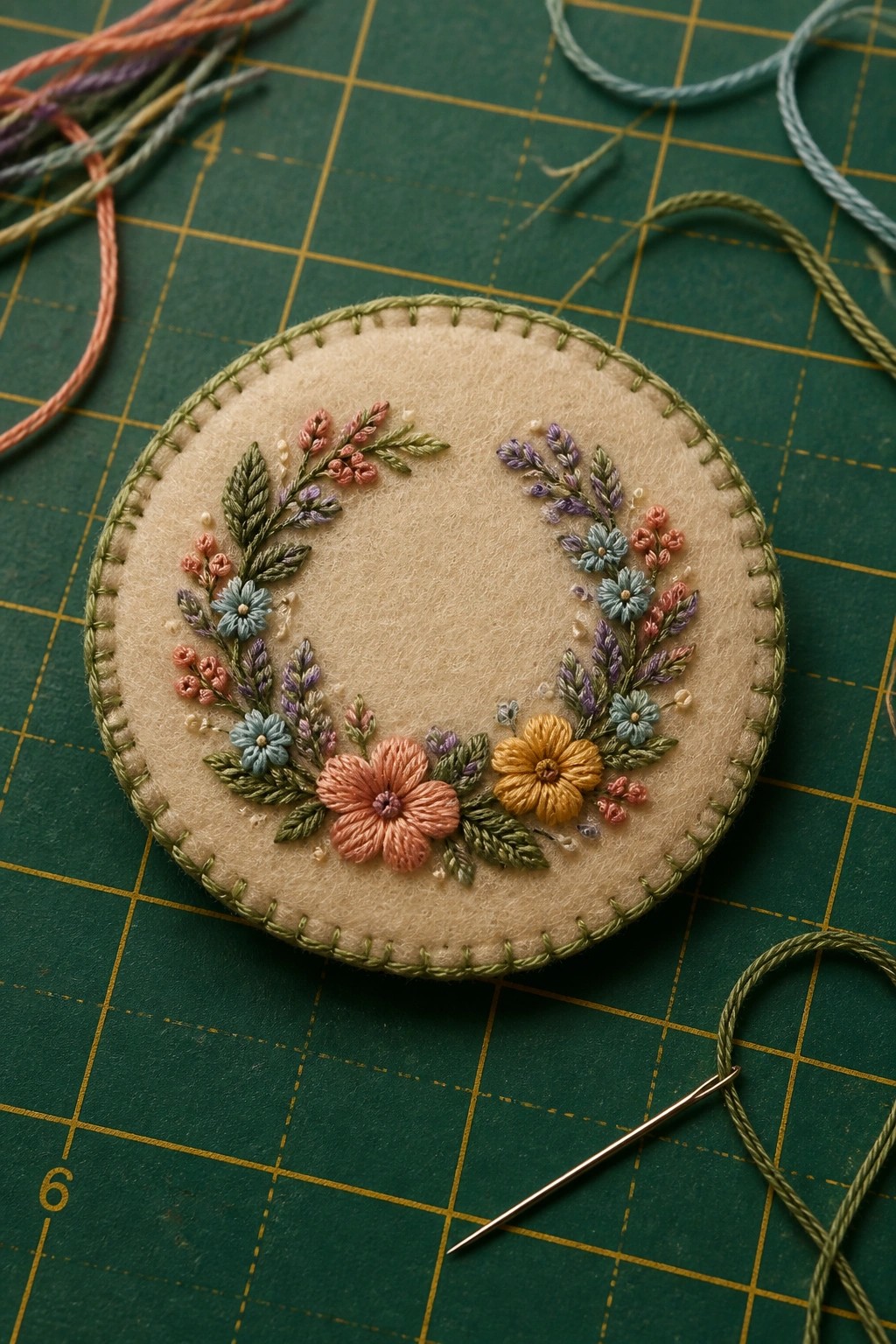 Beige felt circle with colorful embroidered floral wreath on green gridded mat