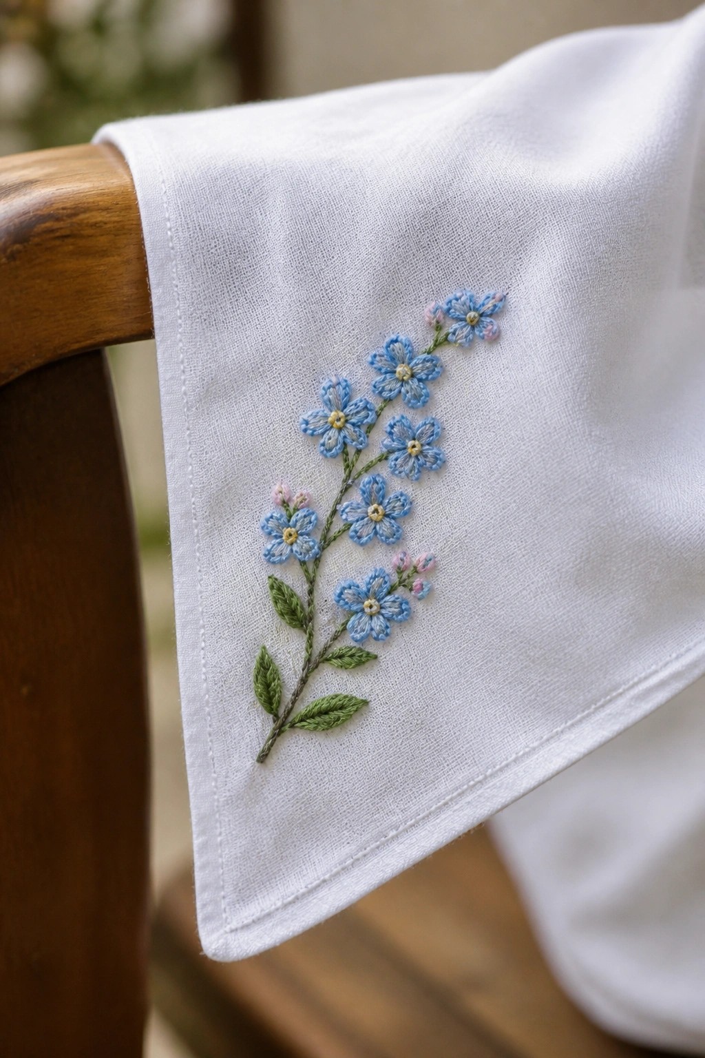 White cloth with blue floral embroidery draped over wooden chair arm.