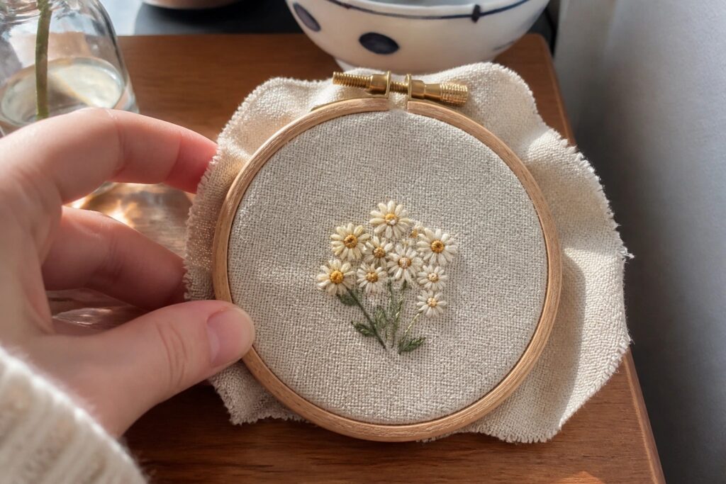 A small wooden embroidery hoop holds a cluster of white daisies with yellow centers and green stems on beige fabric.