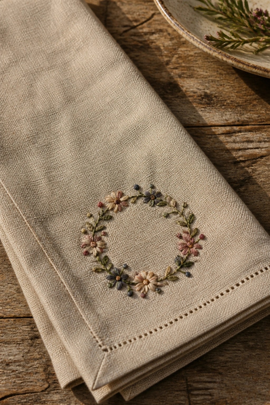 Beige linen napkin with embroidered floral wreath on rustic wooden table