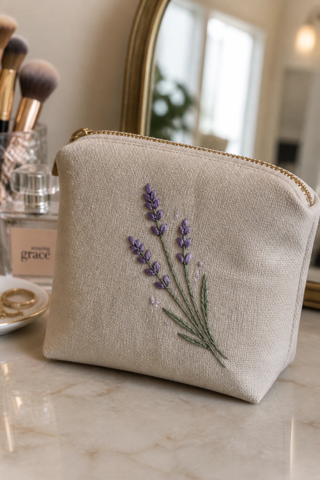 Beige linen pouch with purple lavender embroidery and gold zipper on marble counter