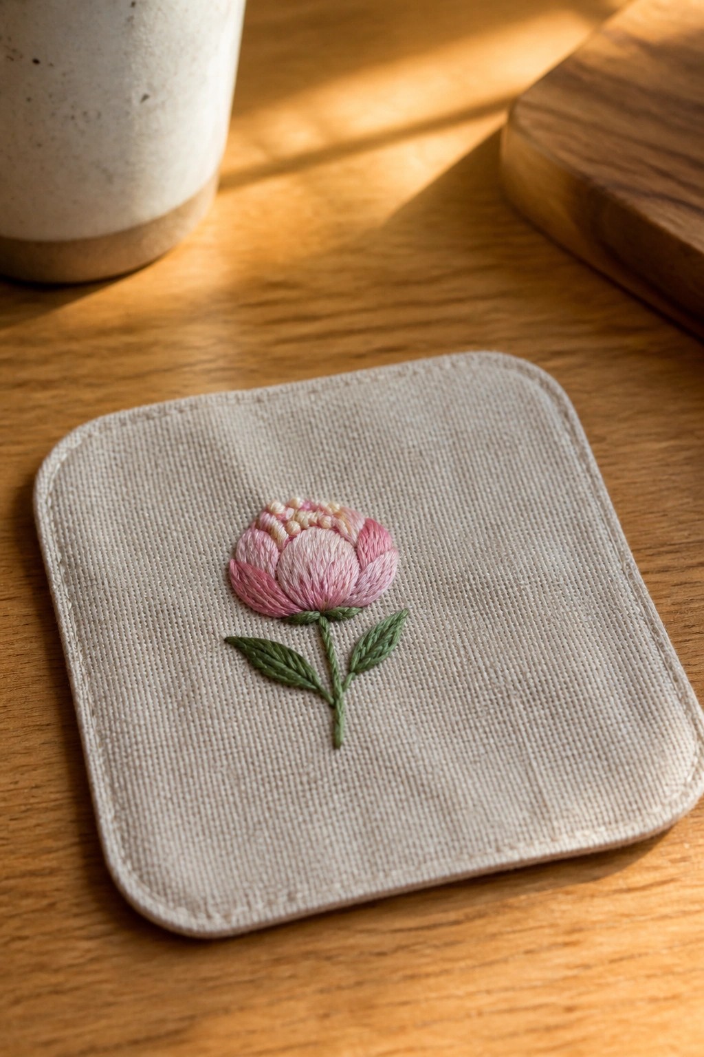 Square beige fabric coaster with pink embroidered flower and green leaves on wood