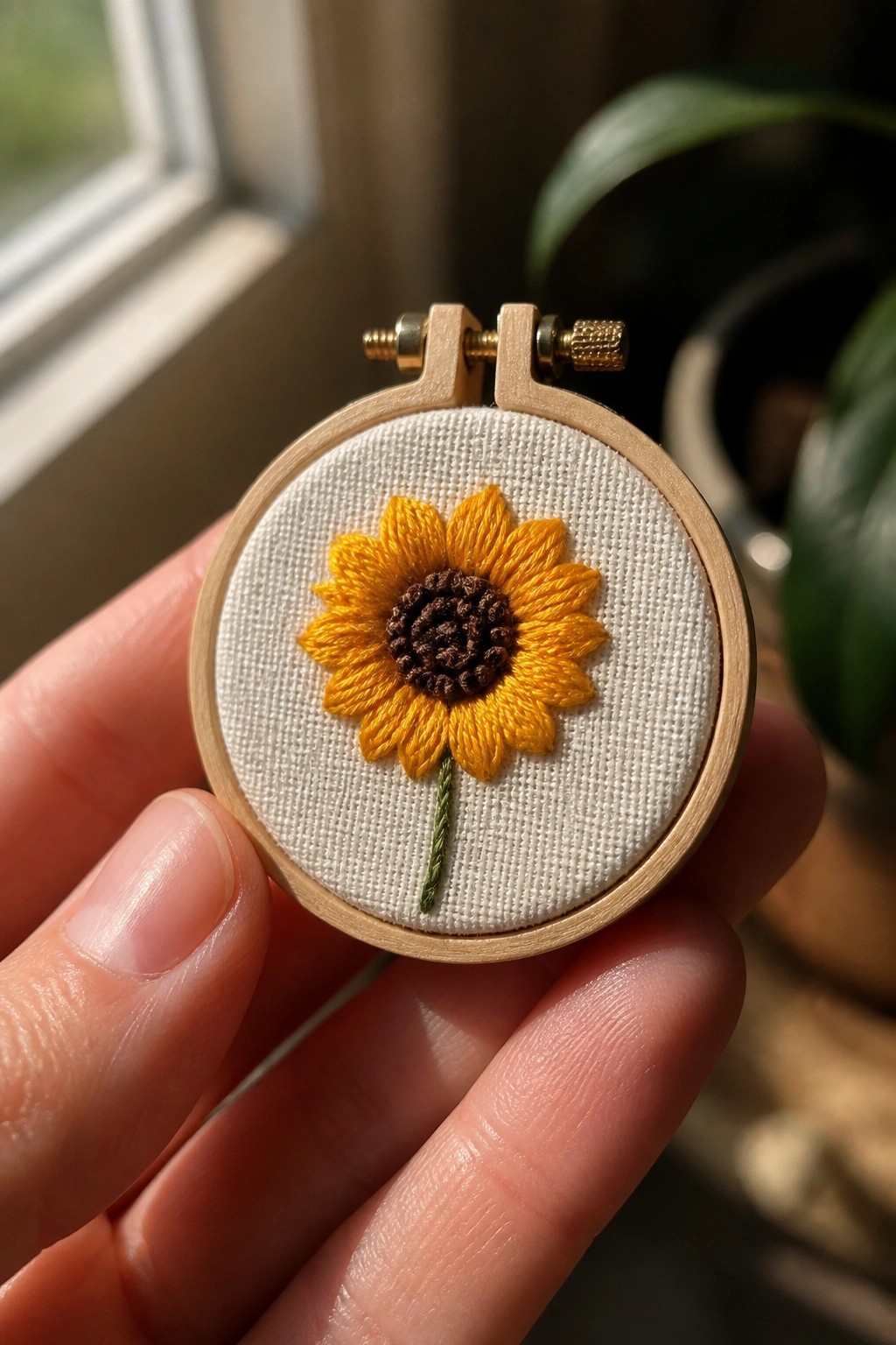 Hand holding wooden embroidery hoop with yellow sunflower on white fabric