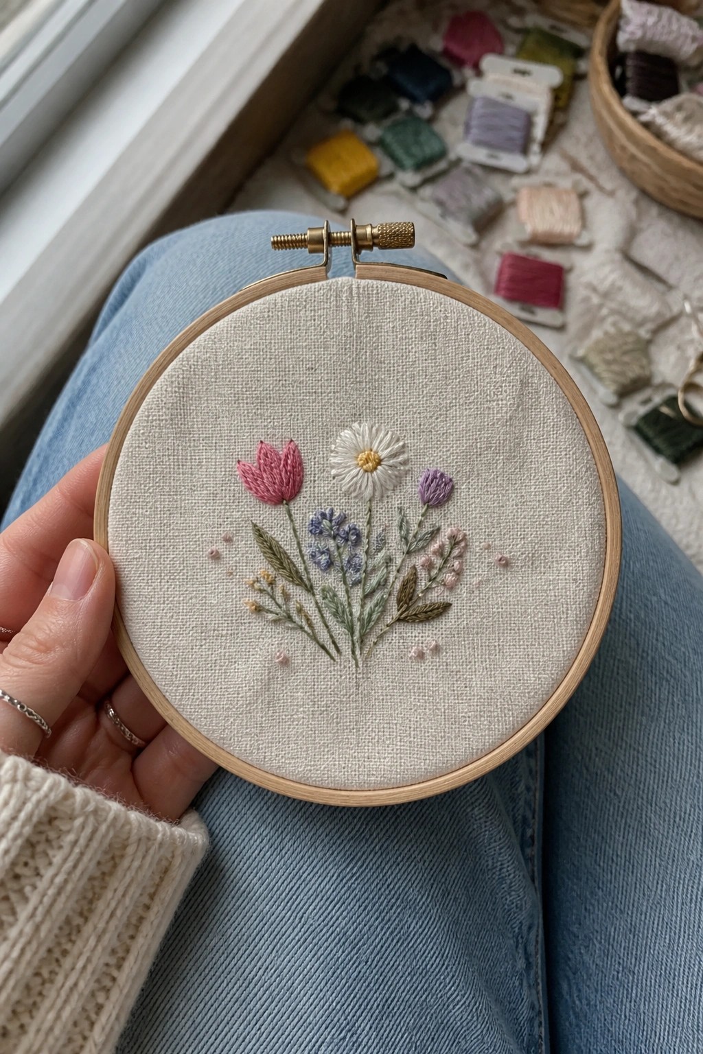 Hand holding floral embroidery hoop with pink tulip and daisies over blue jeans
