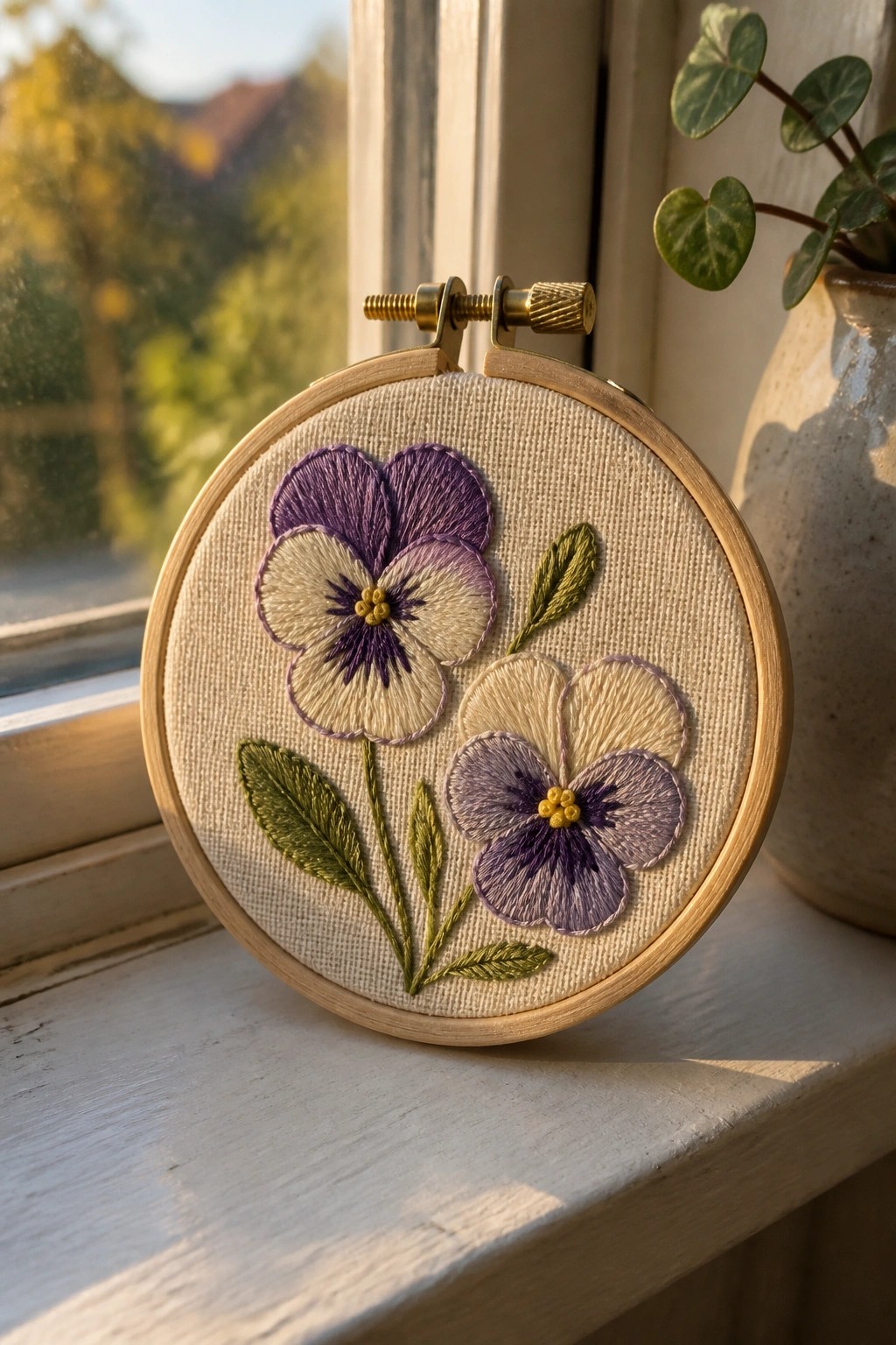 Wooden hoop with purple and cream embroidered pansies on a sunlit windowsill