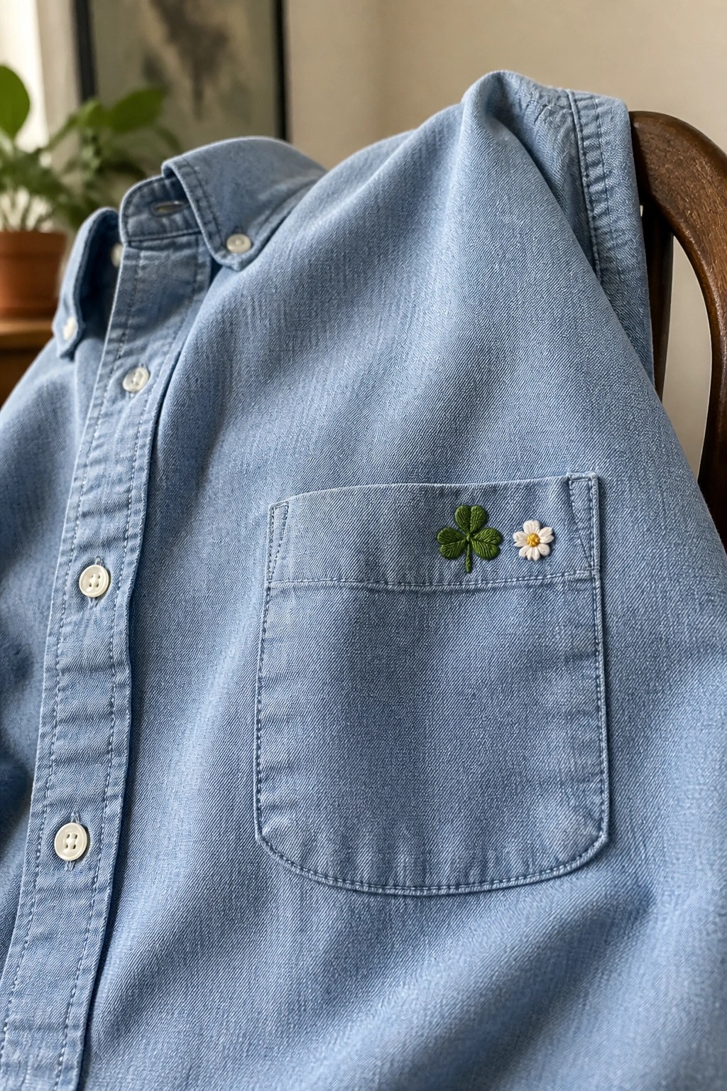 Blue denim shirt with green clover and daisy embroidery on chest pocket