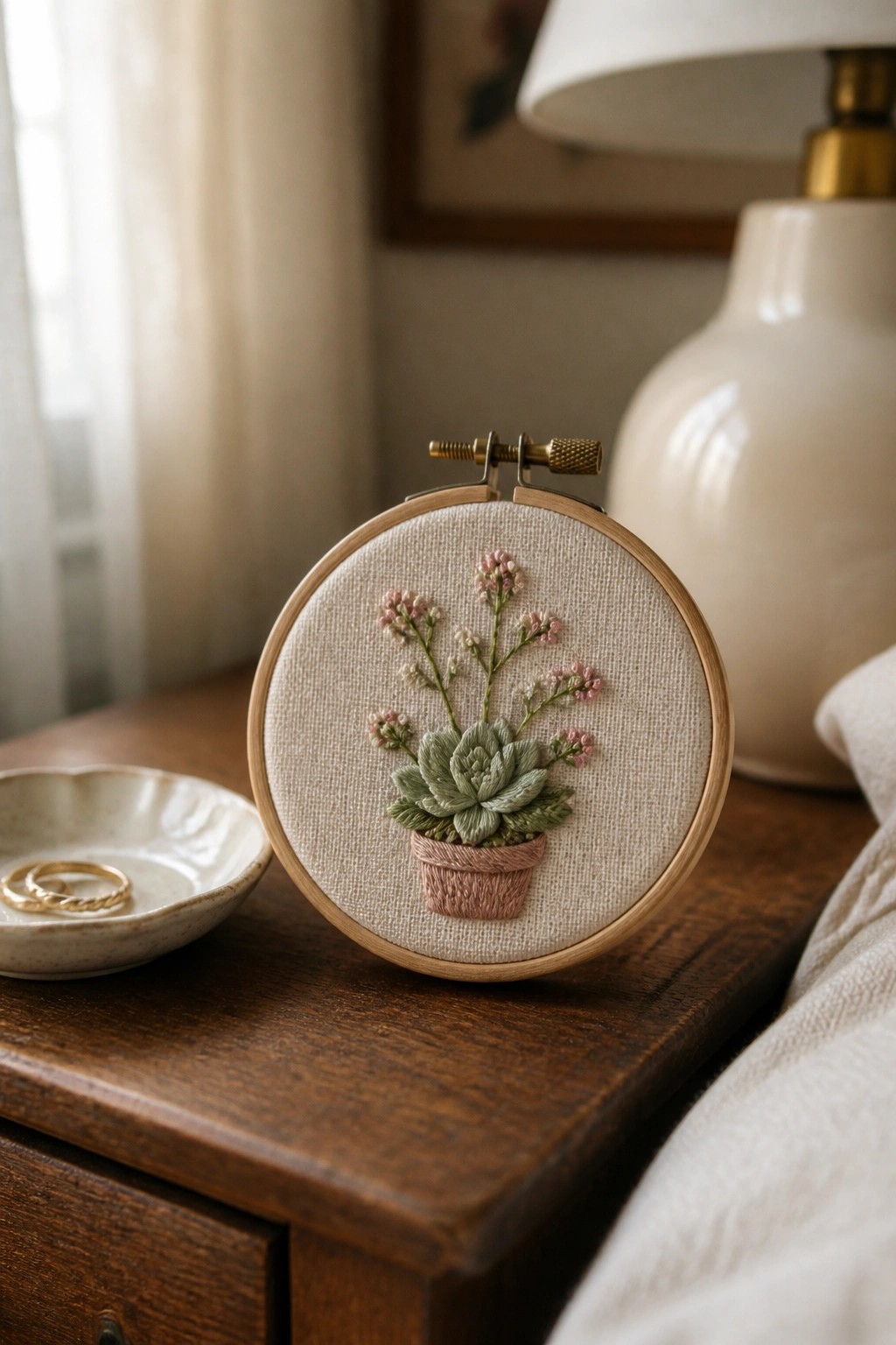 Wooden embroidery hoop with embroidered potted succulent and pink flowers beside rings