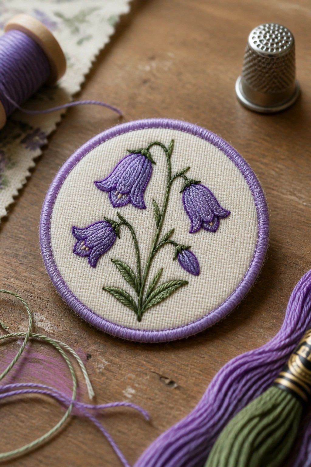 Embroidered purple bellflowers with green stems on beige fabric circle with purple border