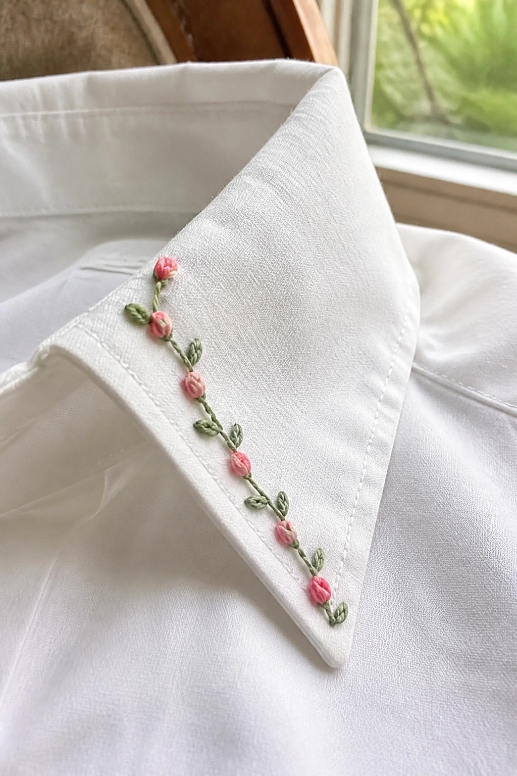 White shirt collar with pink rosebuds and green leaves embroidered along the edge.