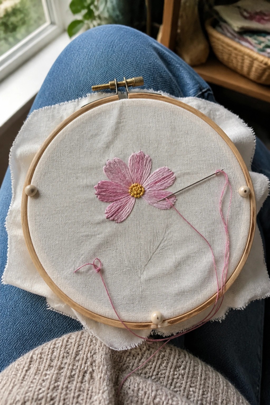 Pink embroidered flower with yellow center inside a small wooden hoop on white fabric with needle and thread still attached.