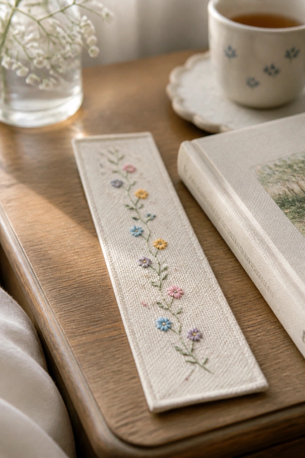Rectangular fabric bookmark with a vertical embroidered vine of small pastel flowers on a wooden table beside a book.