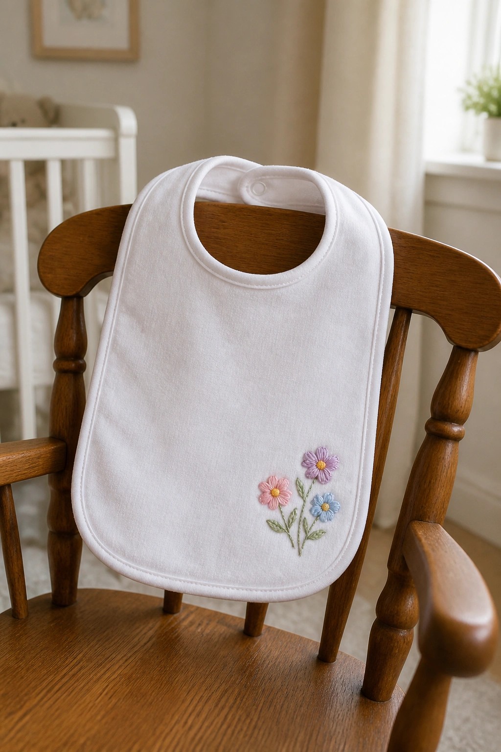 White baby bib with pink, purple, and blue floral embroidery on wooden chair