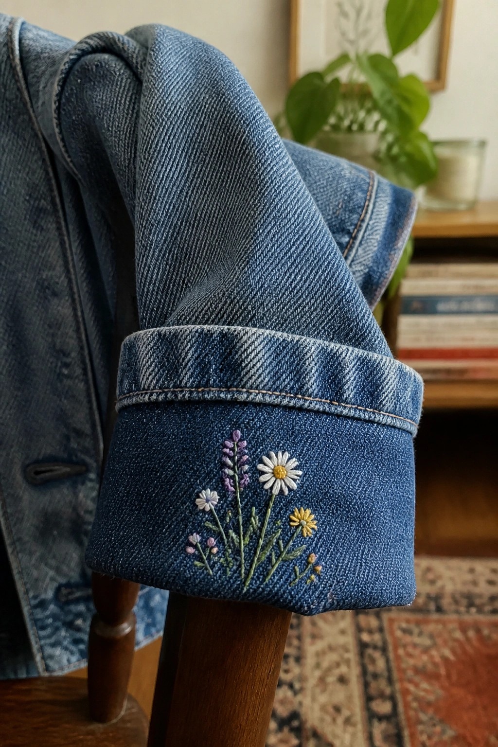 Blue denim jacket cuff embroidered with daisies and wildflowers on wooden chair