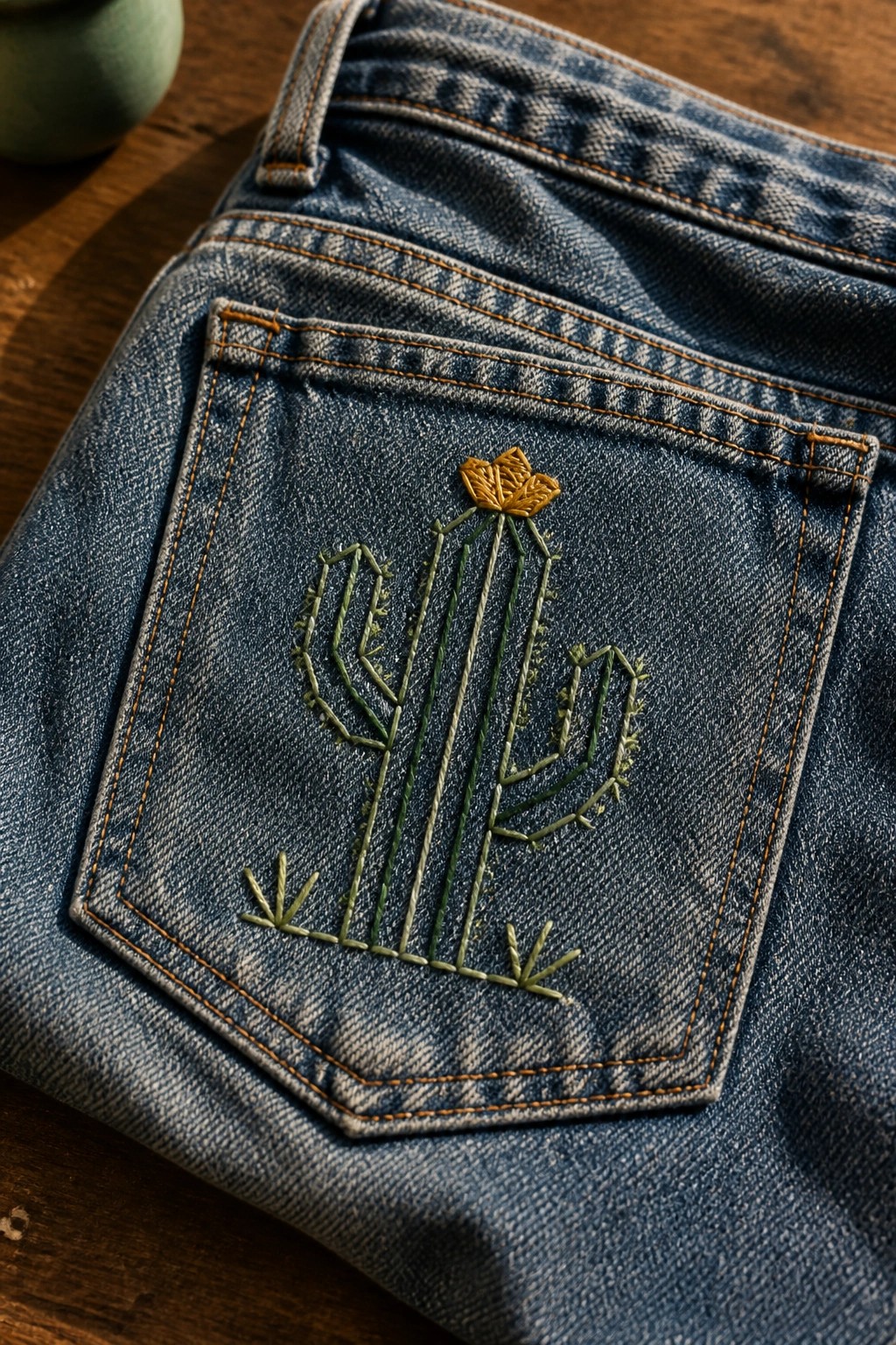 Blue denim jeans back pocket embroidered with green cactus and yellow flower on wood.