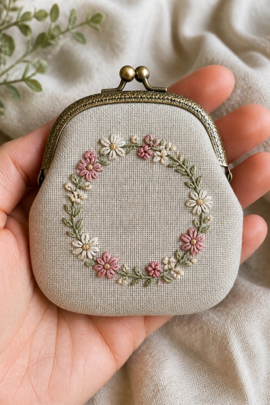 Hand holding beige coin purse with pink-white floral embroidery and metal clasp.