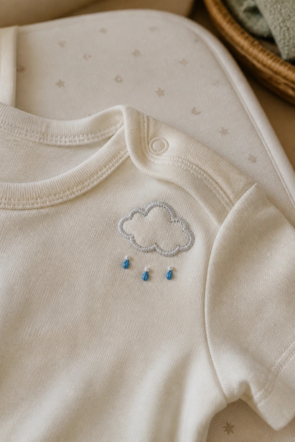White onesie embroidered with gray cloud and blue raindrops on starry fabric.