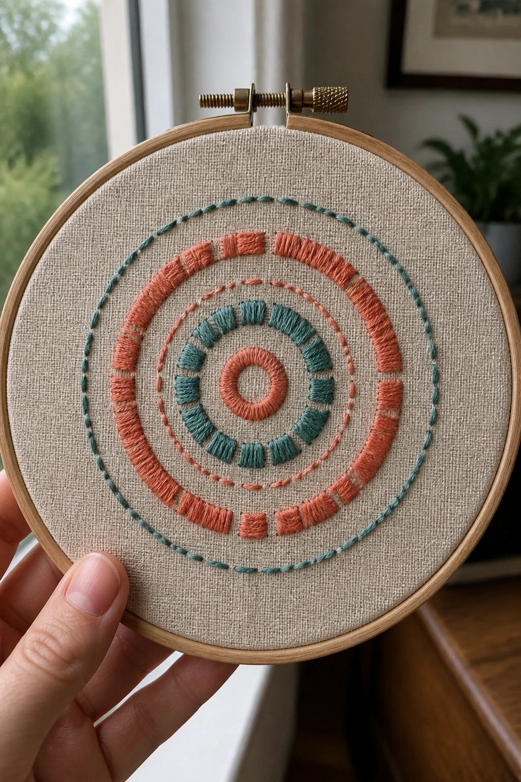 Hand holding embroidery hoop with coral and teal concentric circle design