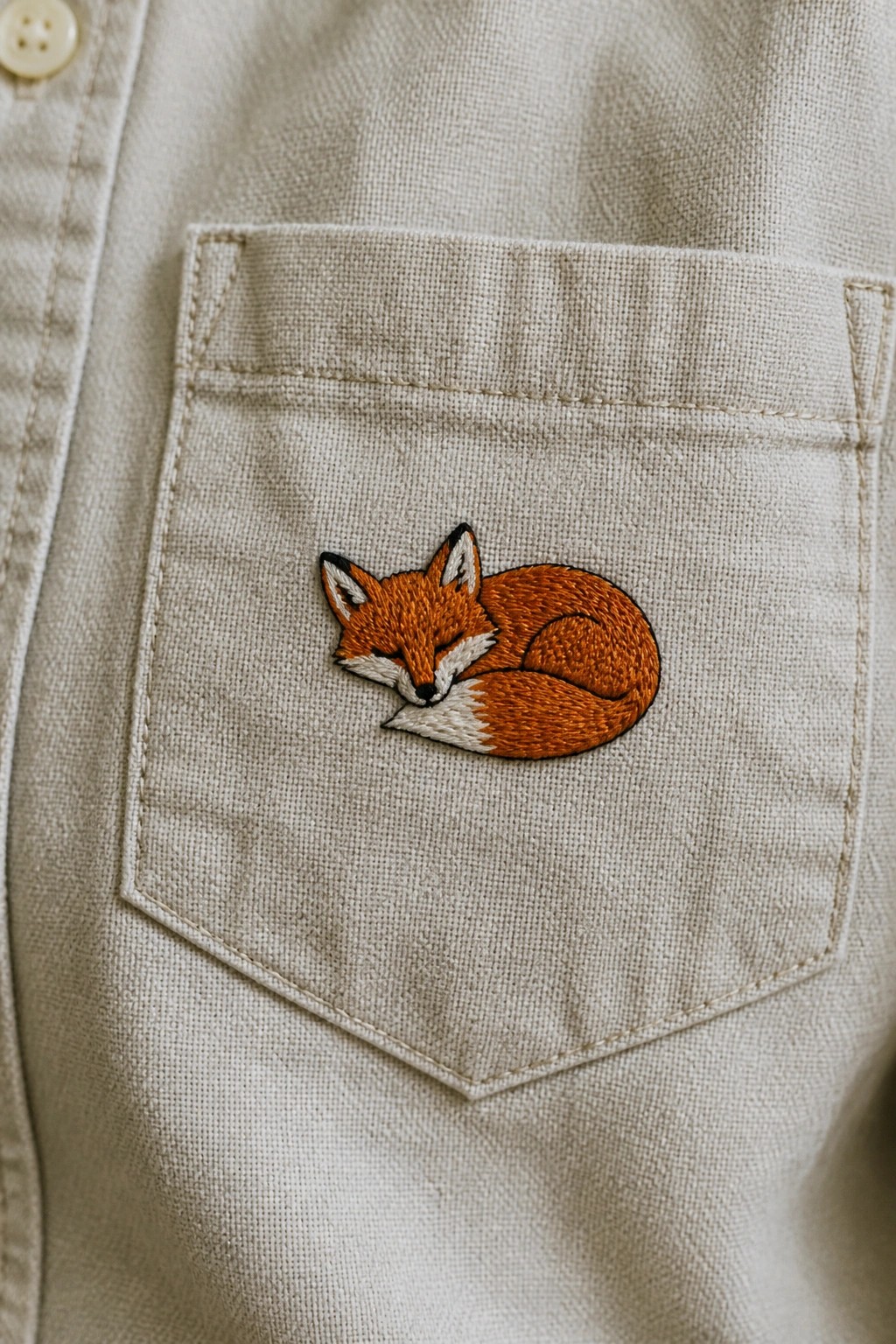 A small embroidered fox curled up asleep on the pocket of a beige shirt.