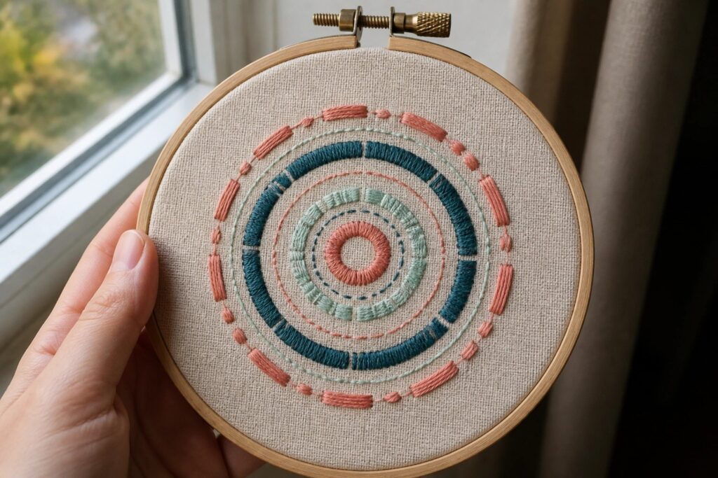 Hand holding embroidery hoop with coral and teal concentric circle design