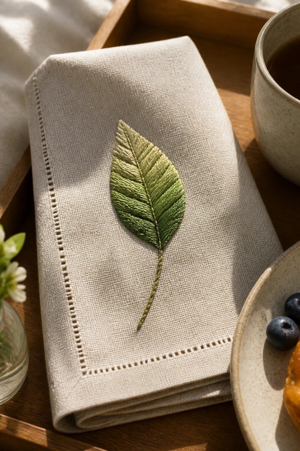 Beige linen napkin with gradient green embroidered leaf on wooden breakfast tray