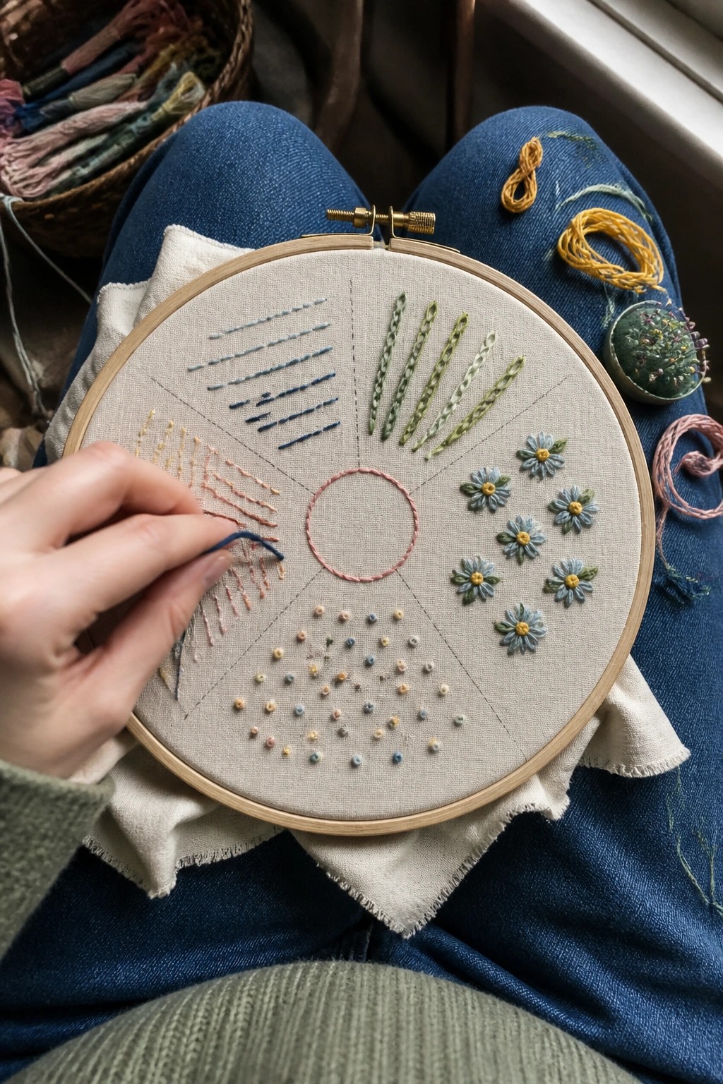Hands stitching blue thread into floral embroidery sampler on denim lap