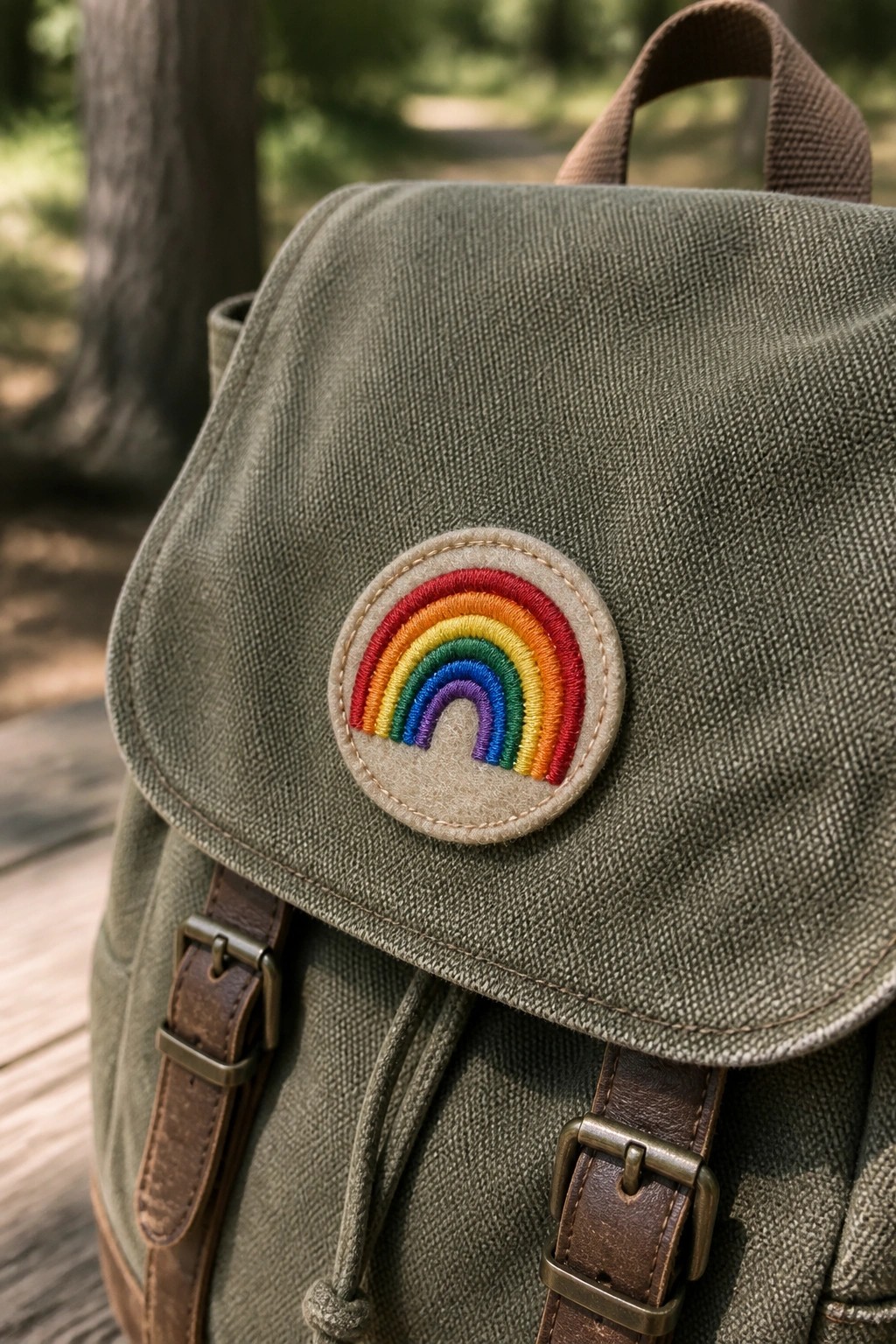 Green canvas backpack with vibrant rainbow embroidered patch and brown leather straps