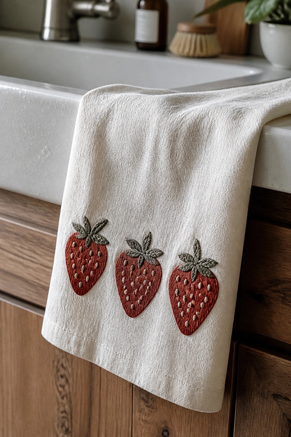 White towel with three red embroidered strawberries draped over kitchen sink