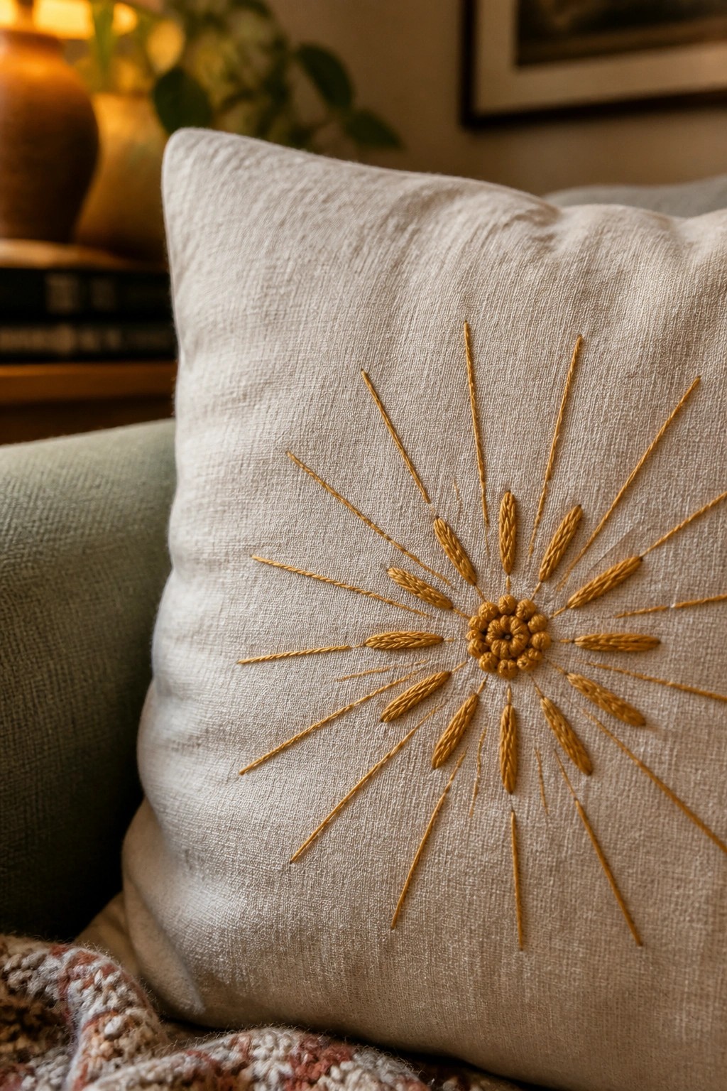Beige linen pillow with golden sunburst embroidery and radiating stitched rays
