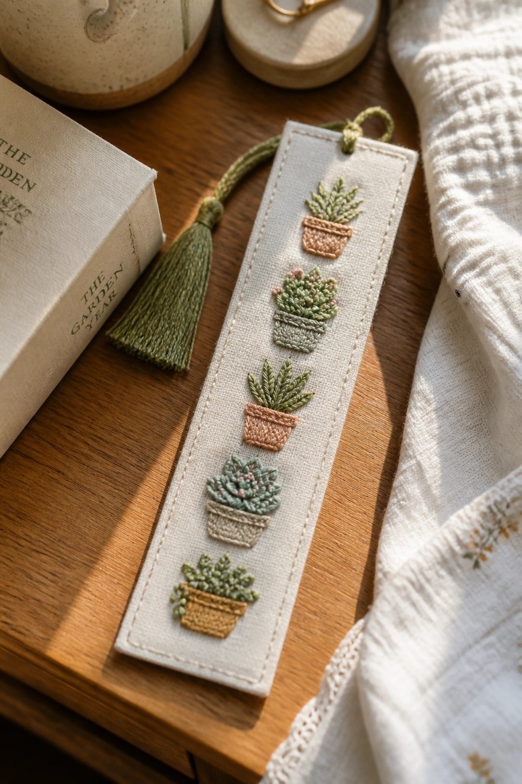 Embroidered bookmark with potted succulents beside garden book on wooden table
