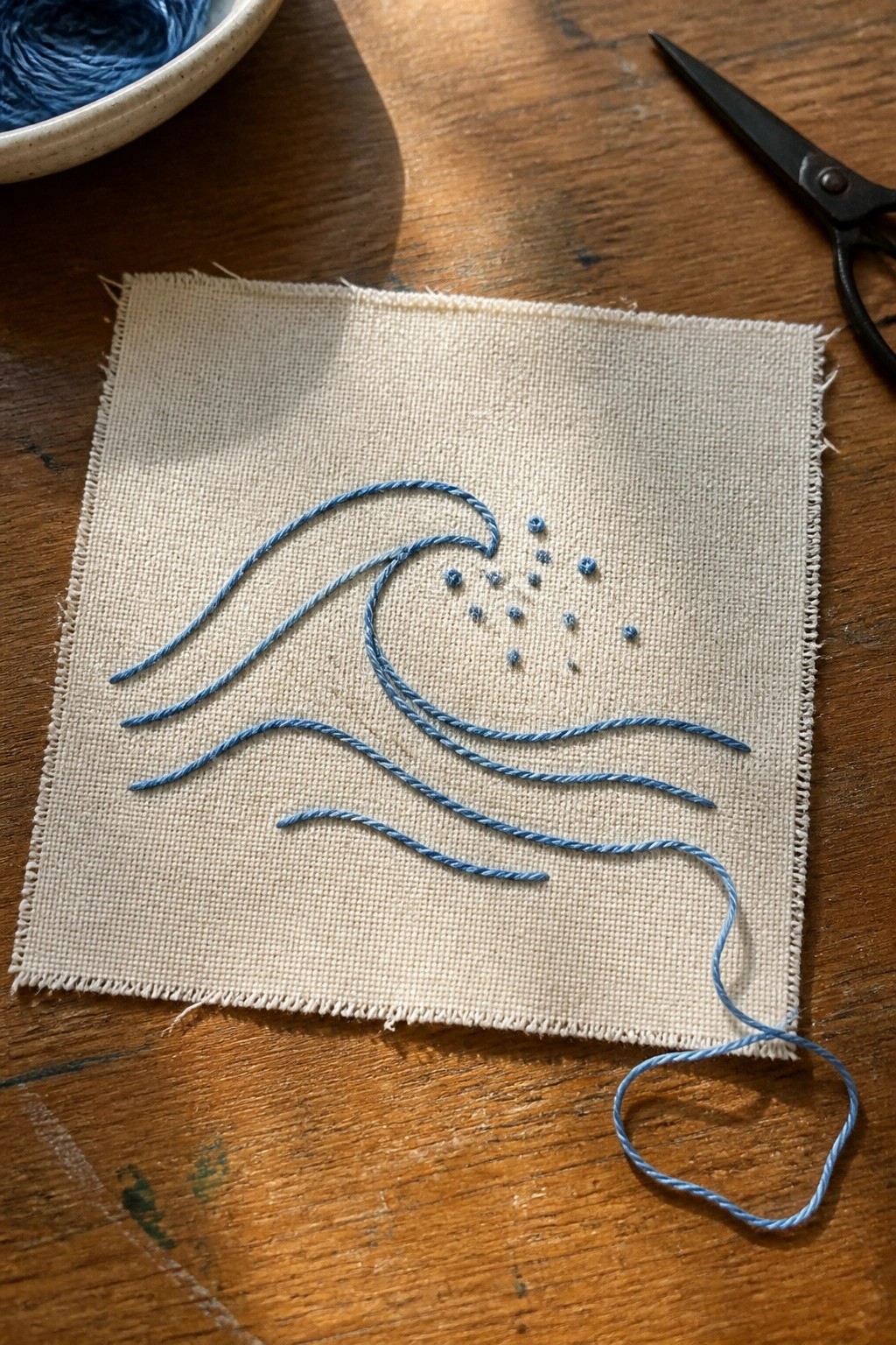 Blue wave embroidery on beige fabric with scissors and thread bowl on wood.