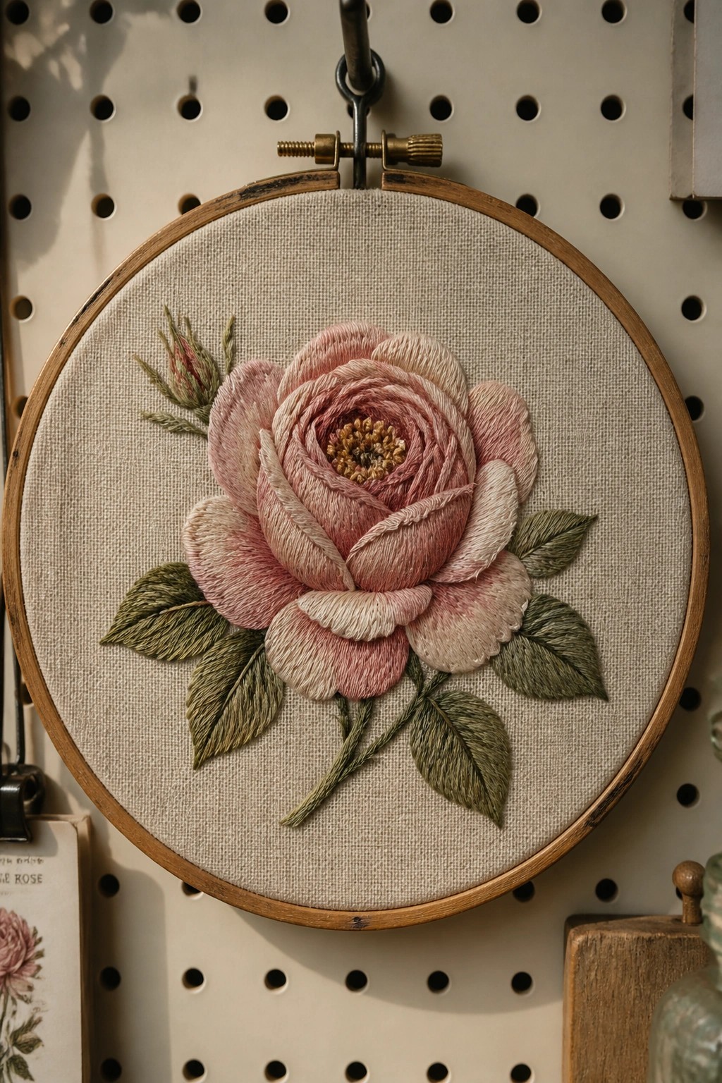 Embroidered pink rose with leaves in wooden hoop on pegboard.