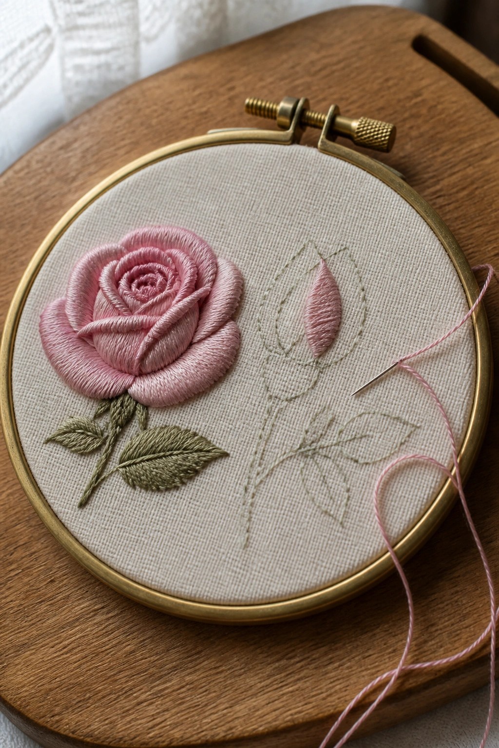 Pink rose embroidery with green leaves next to a partial rosebud outline in a wooden hoop with needle and pink thread.