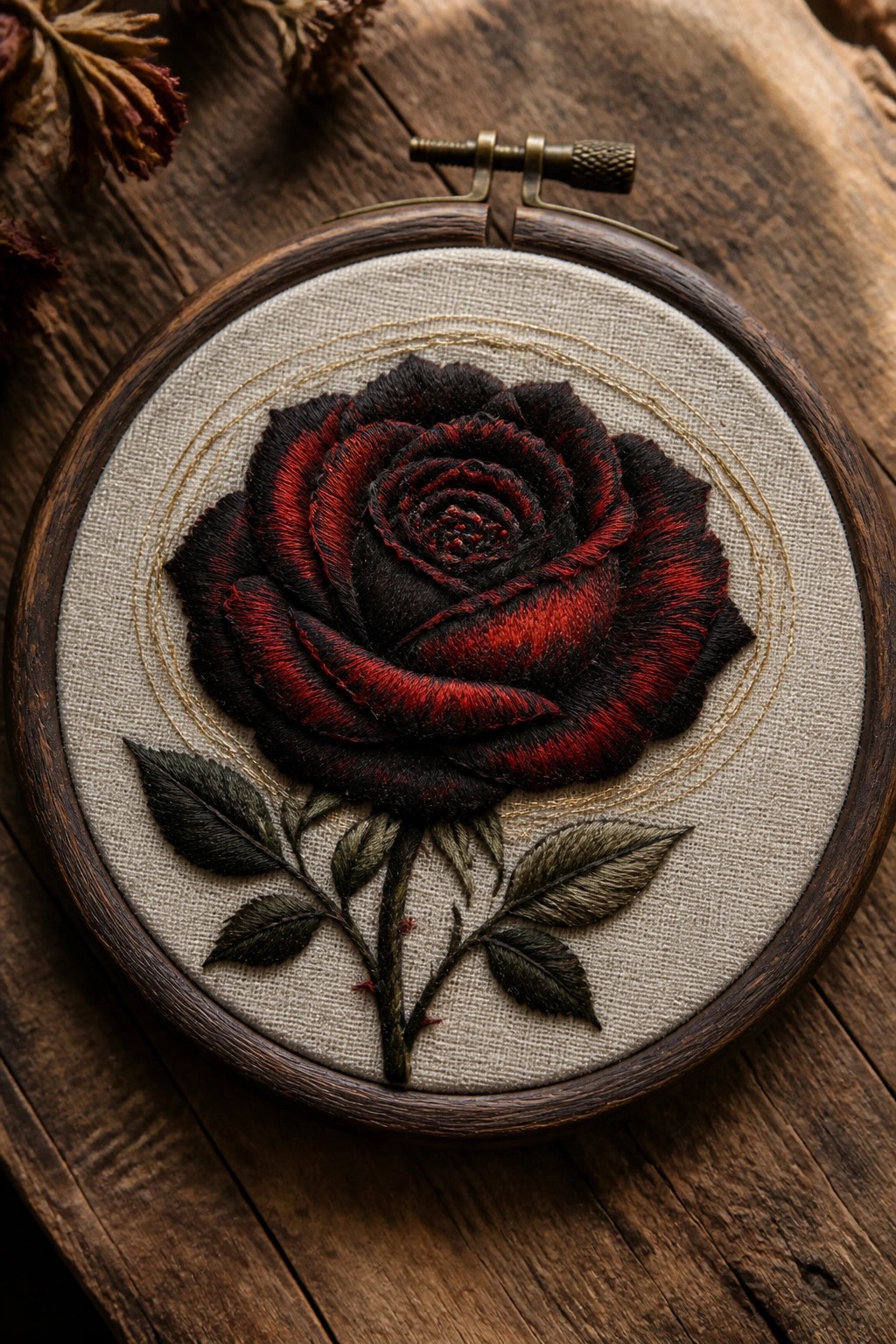 Embroidered black and red rose with leaves in wooden hoop