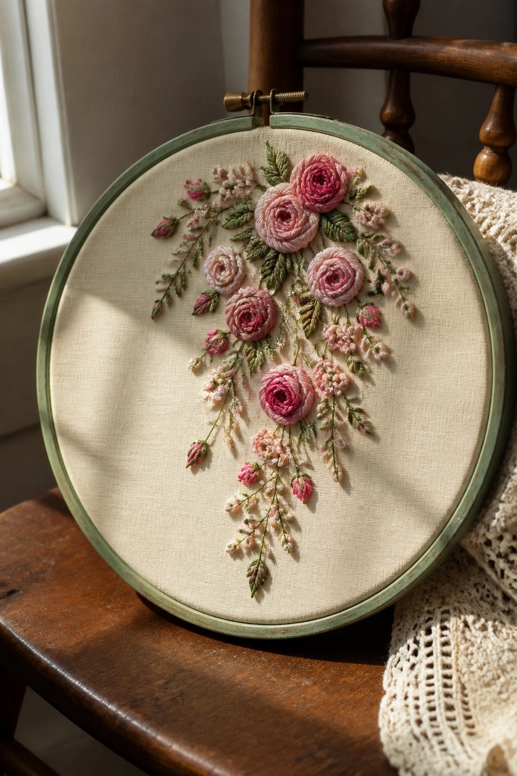 Pink rose embroidery in green hoop on wooden chair with soft light