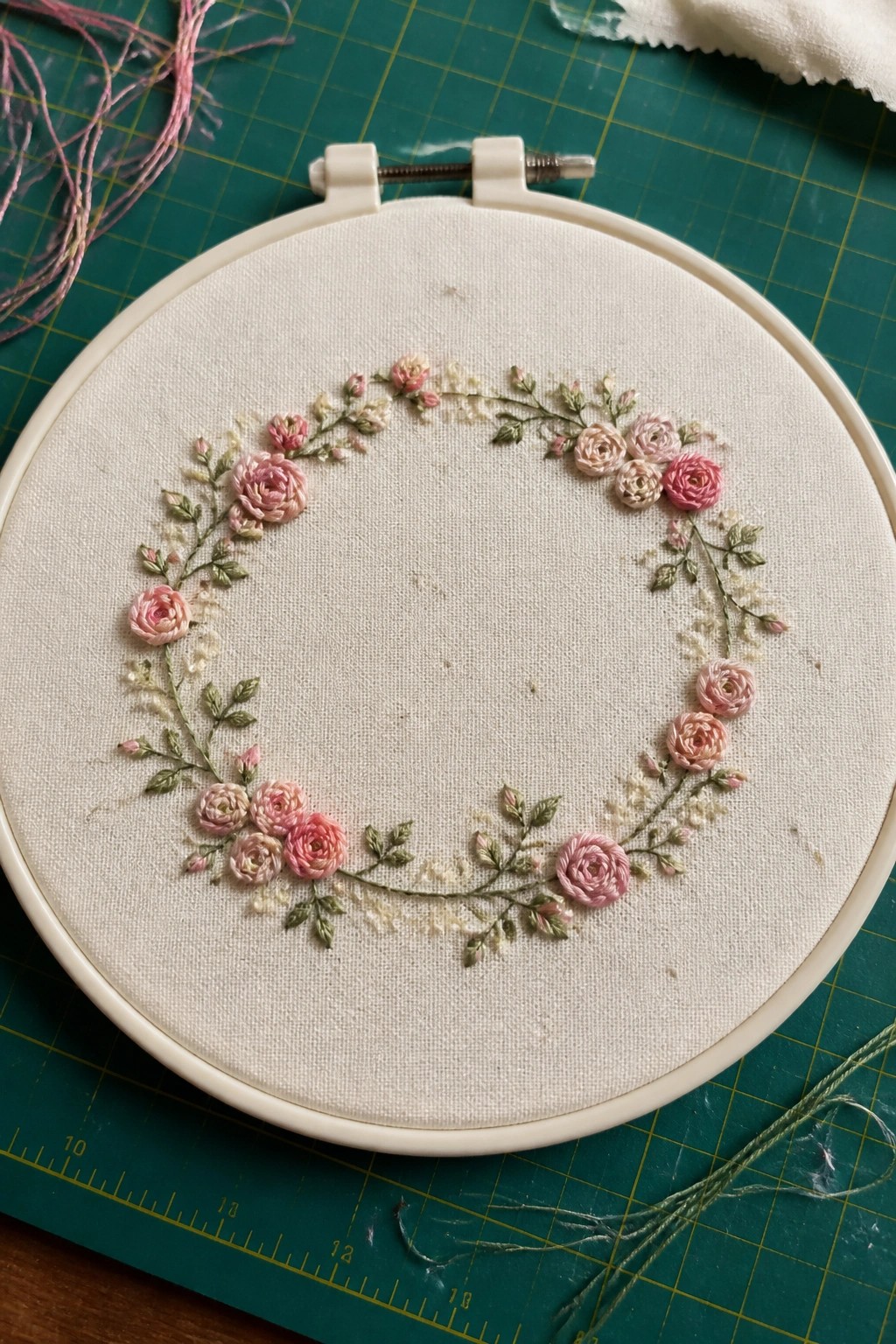 Pink rose floral wreath embroidery in a hoop on green mat.